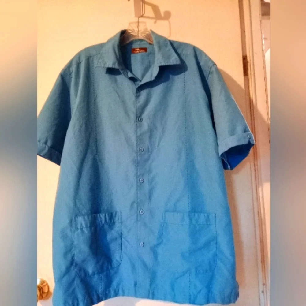 Cafe Luna Casual Short Sleeve Shirt Vintage Look Blue Sz.Large